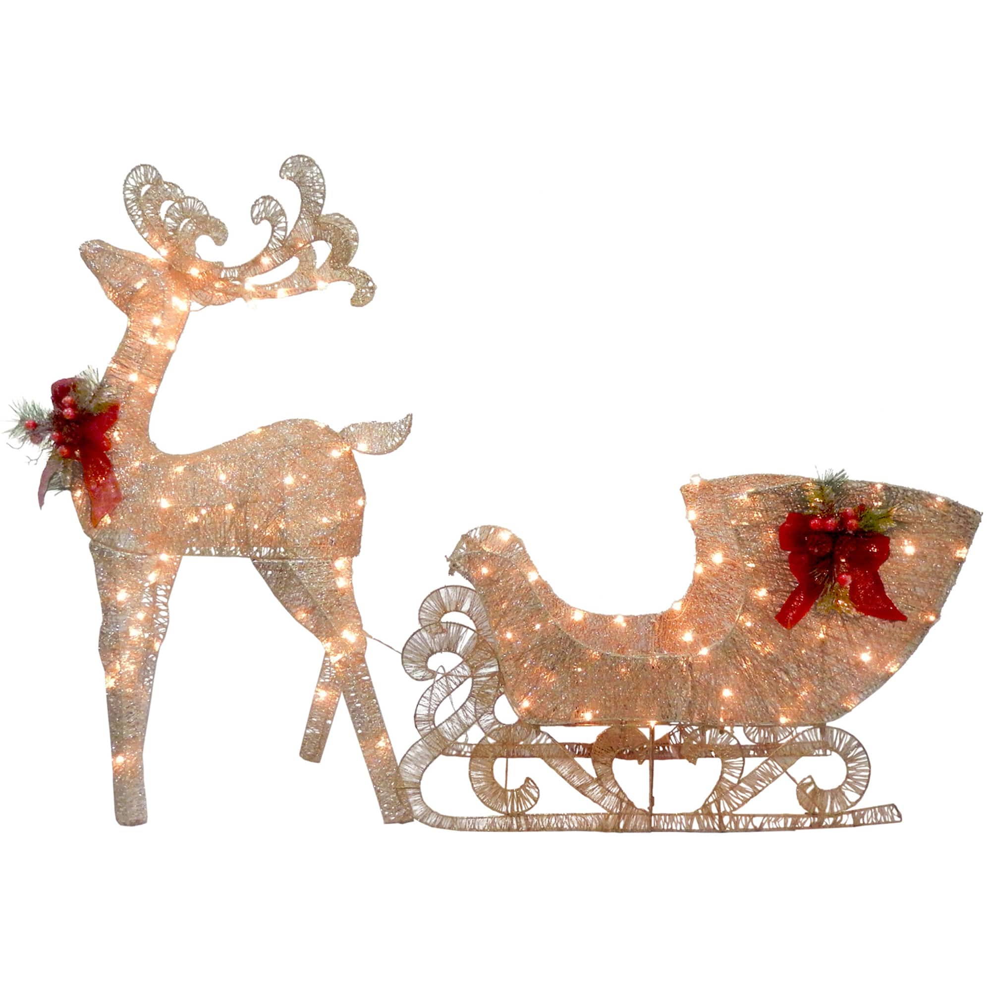 48" Champagne Reindeer Pulling Sleigh, White LED Lights
